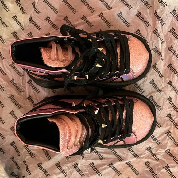 NIB Demonia Neptune 100 Pink Black Iridescent Sparkly Platform Alt Rave Shoes - Picture 4 of 8